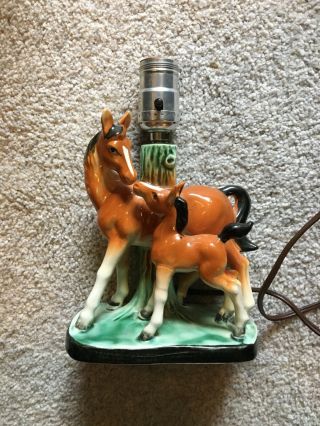 Vintage Japan Ceramic Horse And Foal Small Electric Table Lamp.