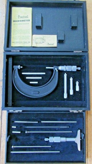 Central Tools U.  S.  A.  Vintage Depth Micrometer / 0 - 4 " Micrometer Set W/ Case