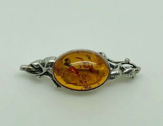 Gorgeous Vintage Studio Art Noveau Style Sterling Silver Baltic Amber Brooch