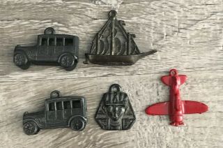 (5) Vintage Metal Cracker Jack Prize Toy Tin Charm Egyptian Plane Car (2) Ship