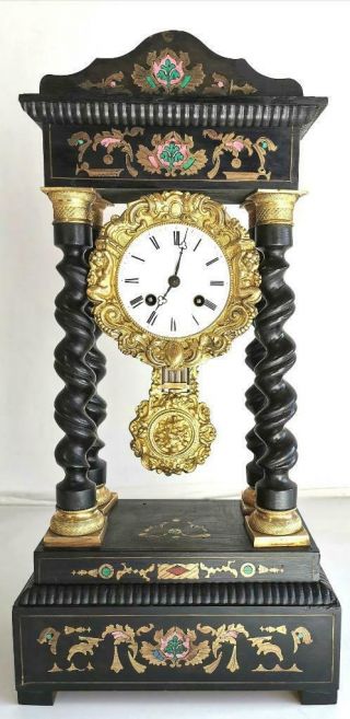 Antique Portico Mantle Clock Exceptional French Ebonised With Brass Inlays