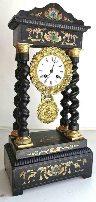 Antique Portico Mantle Clock Exceptional French Ebonised With Brass Inlays 2