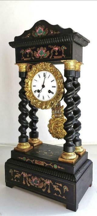 Antique Portico Mantle Clock Exceptional French Ebonised With Brass Inlays 3