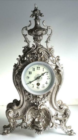 Antique French Mantle Clock 1880s Silvered Embossed Pierced Bronze