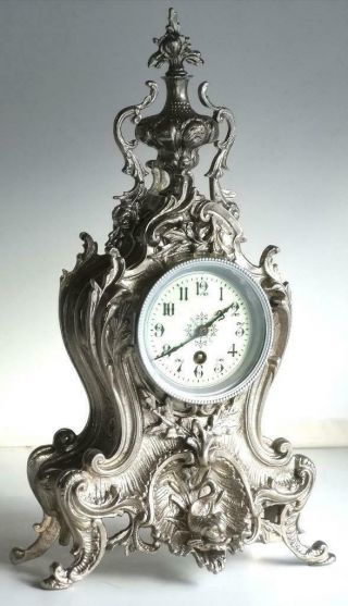 Antique French Mantle Clock 1880s Silvered Embossed Pierced Bronze 2