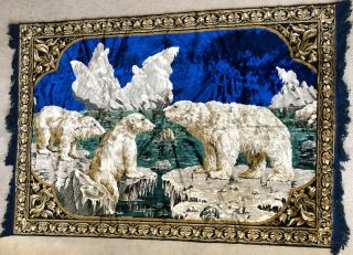 Vintage Large Alaska Polar Bear Velvet Tapestry Italian Made 75” X 47” - Rug - Wow