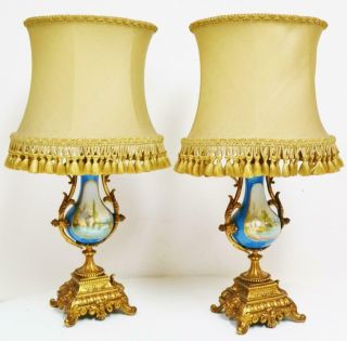 Antique French Gilt Metal & Blue Sevres Porcelain Clock Garnitures Lamps