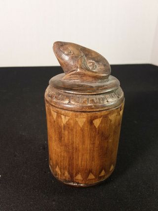 Vintage Hand Carved Wooden Box With Fish Finial And Inlay