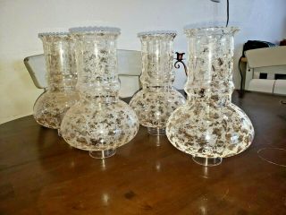 Vintage Amber Chimney Hurricane Glass Lamp Shade Glitter Design Set Of 4 8 "