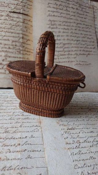 Charming Antique French Miniature Basket Dolls Picnic Basket C1890