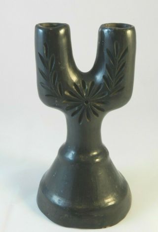 Vintage Mexican Black Clay Barro Negro Folk Art Cactus Candle Stick Holder