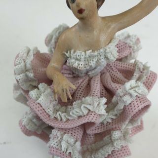 Small Dresden Lace Porcelain Figurine Of Woman In A Pink/white Dress Dancing
