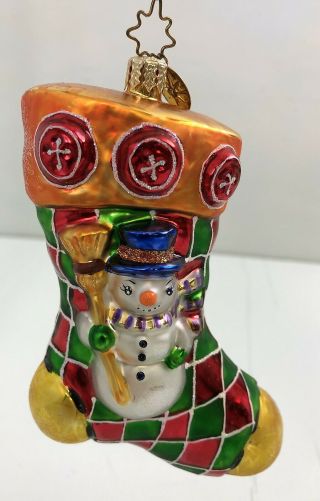 Vtg Christopher Radko Harlequin Stocking With Snowman Christmas Ornament