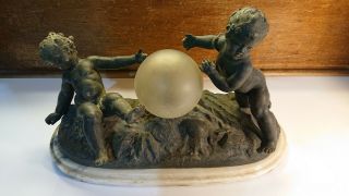 Antique Cast Spelter French Cherub Babe Putti Figure Marble Globe Lamp Light Vtg