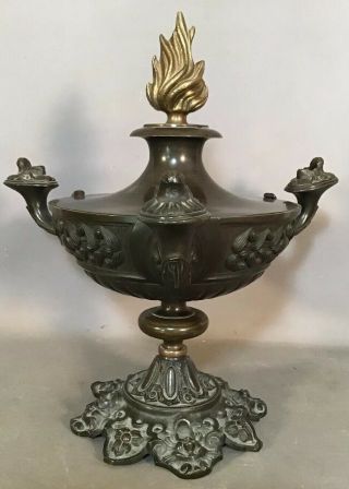 Vintage Greek Urn Style Oil Lamp Old Bronze Figural Face Bust Grecian Sculpture