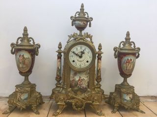 Antique 19th Century Sevres Porcelain Mantle Gilt Metal Clock Set Signed