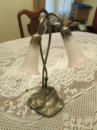 Vintage Metal Tulip Lily Pad Table Lamp 2 Light W/ Pink Shades