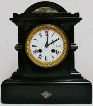 Antique French 8 Day Slate & Marble,  Engraved Decoration Striking Mantel Clock