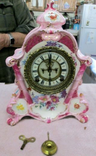 Antique Ansonia Royal Bonn Porcelain Clock Open Escapement Late 1800 