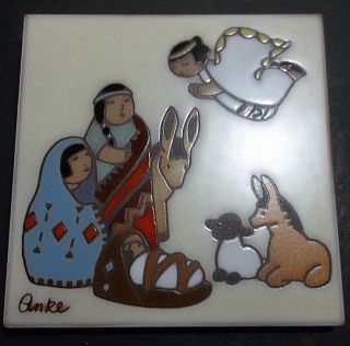 Vintage Masterworks Art Tile Enamel Nativity Southwest 6 " Signed Anke