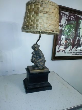 Vintage Brass\ceramic Monkey Mamma And Baby Table Lamp/night Light With Shade