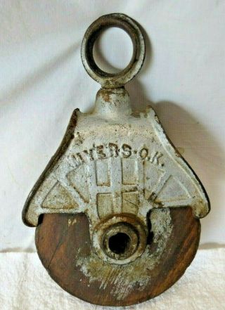 Antique Vintage Myers Ok Barn Pulley H - 222 Hay Cast Iron & Wood Steampunk