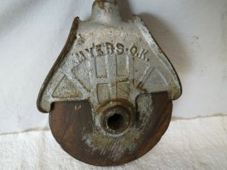 Antique Vintage Myers OK Barn Pulley H - 222 Hay Cast Iron & Wood Steampunk 2