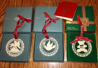 3 Vintage Lenox China Christmas Ornaments Yuletide Teddy Bear Dove Angel Xmas