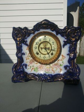 Antique Ansonia " Osceola " Porcelain Mantle Clock Colbalt Blue.  No Key