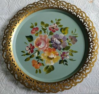 Vintage Nashco Hand Painted Floral Metal Tray With Reticulated Border 12 Inches