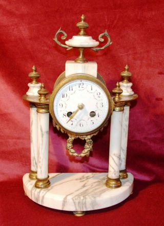 Antique Victorian French White Grey Veined Marble Gilt Brass Portico Clock