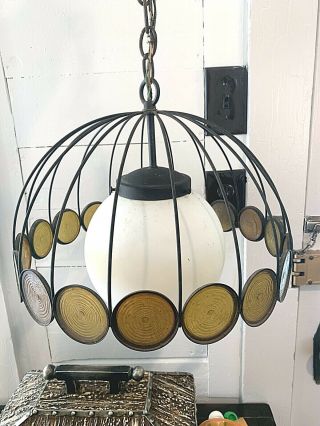 Vintage Mid Century Wire & Glass Chandelier Pendant Ceiling Light Fixture
