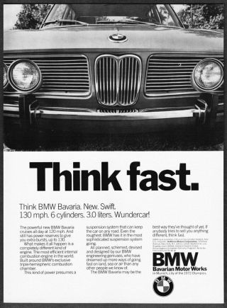 1972 Bmw Bavaria Sedan Photo " Think Fast " Vintage Promo Print Ad