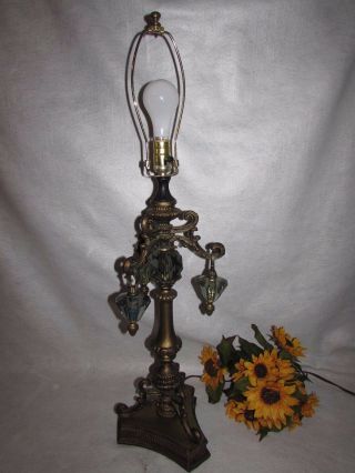 Vtg Cast Metal Tall Parlor Table Lamp W Glass Smoke Color Prisims 35” Tall 3 Way