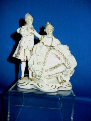Antique Dresden Porcelain Lace Figurine Courting Couple Victorian Lady Man