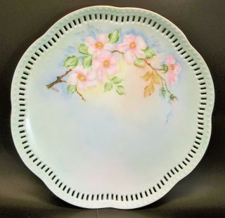 Vintage Hand Painted Cake Plate Blue Pink Roses Reticulated Porcelain Signed