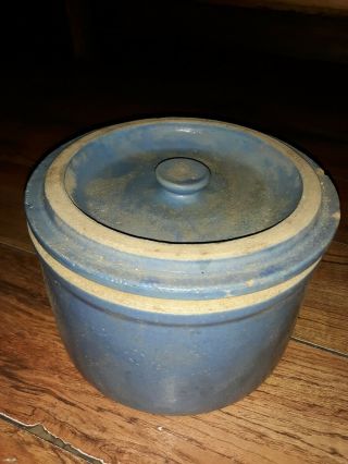 Antique Blue Stoneware Glazed Butter Crock With Lid