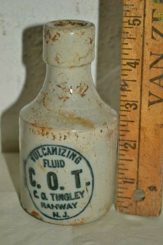 Antique Cot Vulcanizing Fluid Tingley Rahway Nj Stoneware Pottery Signed Bottle