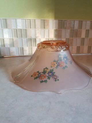 Art Deco Reverse Hand Painted 12 " X 6 " Moofrosted Glass Lamp Shade Pink Pansies