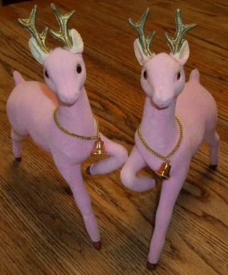 2 Large Vintage Christmas Flocked Pink Reindeer Prancing Deer Figurines Japan
