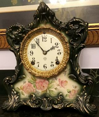 Antique Ansonia Wampum Porcelain Mantel Clock 1882 Top -