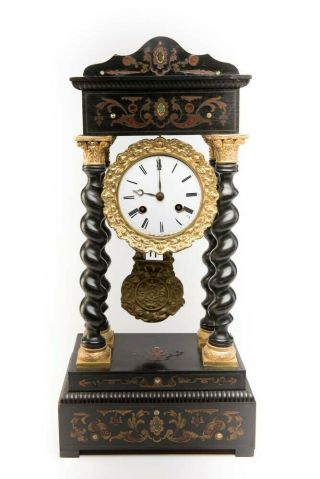Antique 1850 French Empire Full Ormolu Bronze Deco Portico Pillar Mantle Clock