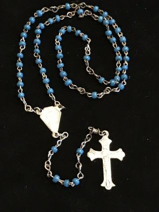 Vintage Child’s Turquoise Acrylic Beaded Catholic Rosary With Leather Case