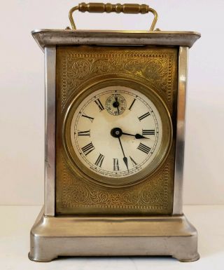 Antique 1908 Waterbury Nickel & Brass Key Wind Carriage Clock With Alarm