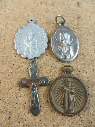 Vintage Silver - Tone Religious Medal & Antique Bronze Crucifix Cross 214