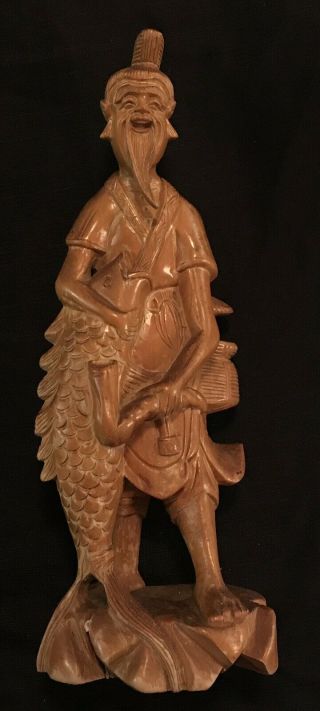Vintage Wood Carved Statue Figurine Smiling Man Hugging Dancing Fish Oriental