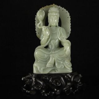 Vintage Chinese Hetian Jade Lotus Kwan - Yin Statue 1