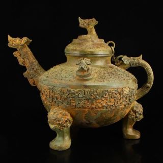 Vintage Chinese Bronze Dragon Head 3 Legs Wine Pot