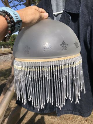 Vintage Frosted Glass Lamp Shade With Glass Beaded Fringe