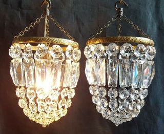 Vintage Pair Crystal Glass & Gilt Brass Pendant Chandelier Ceiling Light Shades